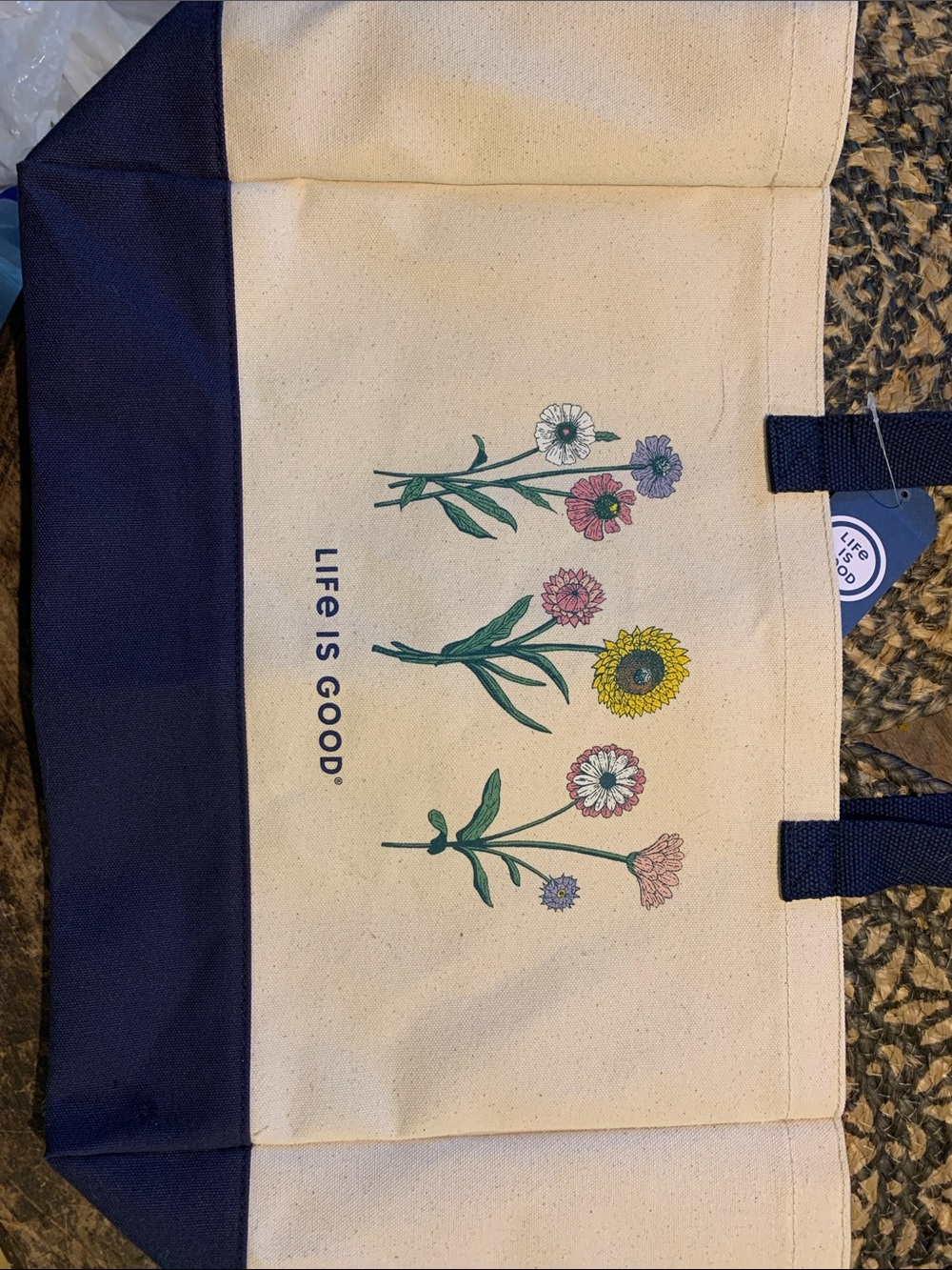 Life Is Good Canvas Tote with Floral Design - Navy & Cream - Picture 8 of 11